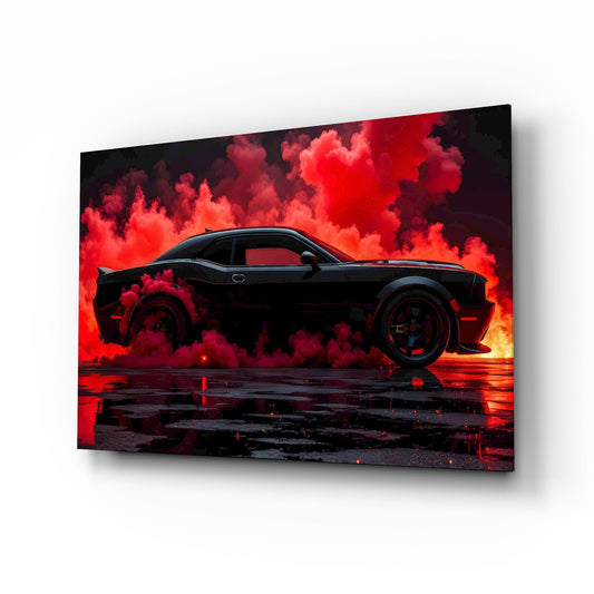 Crimson Smoke Black Muscle Car Glass Wall Art - Lifestyle preview in a designer interior