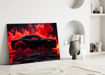 black muscle car in crimson smoke panel bringing character to a minimalist living room wall