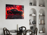 black muscle car in crimson smoke glass wall art leaning beside a dark leather sofa