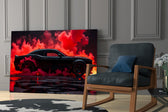 black muscle car in crimson smoke panel resting in a shelving niche in a modern interior