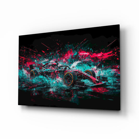 Teal Pink Splash Open-Wheel Race Car Glass Wall Art - Lifestyle preview in a designer interior