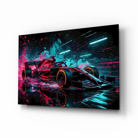 Red Racer Cyan Light Streaks Glass Wall Art - Lifestyle preview in a designer interior