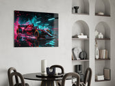 red open-wheel race car with cyan light streaks glass wall art leaning beside a dark leather sofa