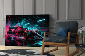 red open-wheel race car with cyan light streaks panel resting in a shelving niche in a modern interior