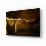 Golden Light Reaching Hands Romance Glass Wall Art - Lifestyle preview in a designer interior
