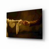 Golden Light Reaching Hands Romance Glass Wall Art - Lifestyle preview in a designer interior