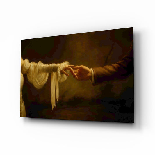 Golden Light Reaching Hands Romance Glass Wall Art - Lifestyle preview in a designer interior
