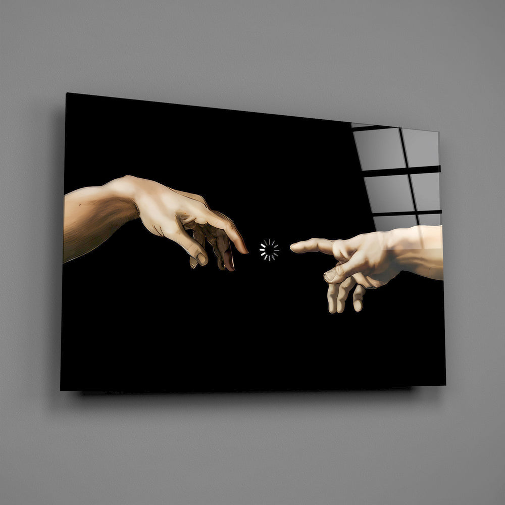 two reaching hands with a loading spinner glass wall art angled to show the polished tempered glass panel