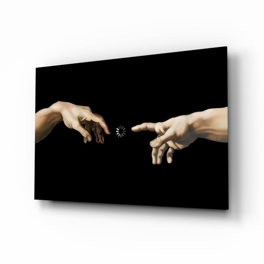 Loading Spinner Reaching Hands Glass Wall Art - Lifestyle preview in a designer interior