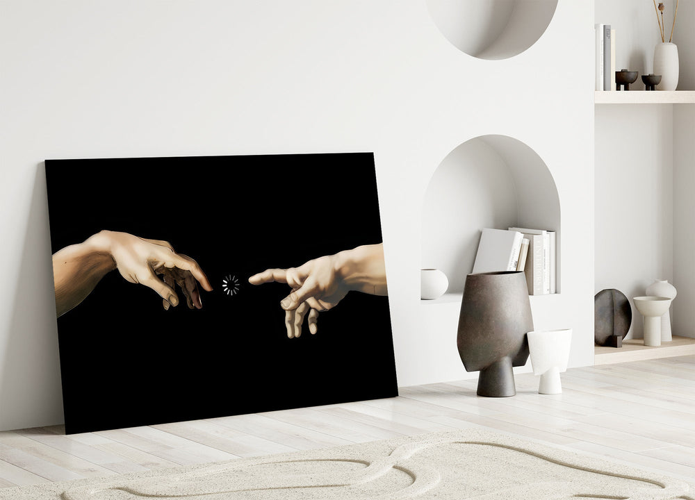 two reaching hands with a loading spinner panel bringing character to a minimalist living room wall