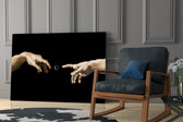 two reaching hands with a loading spinner panel resting in a shelving niche in a modern interior