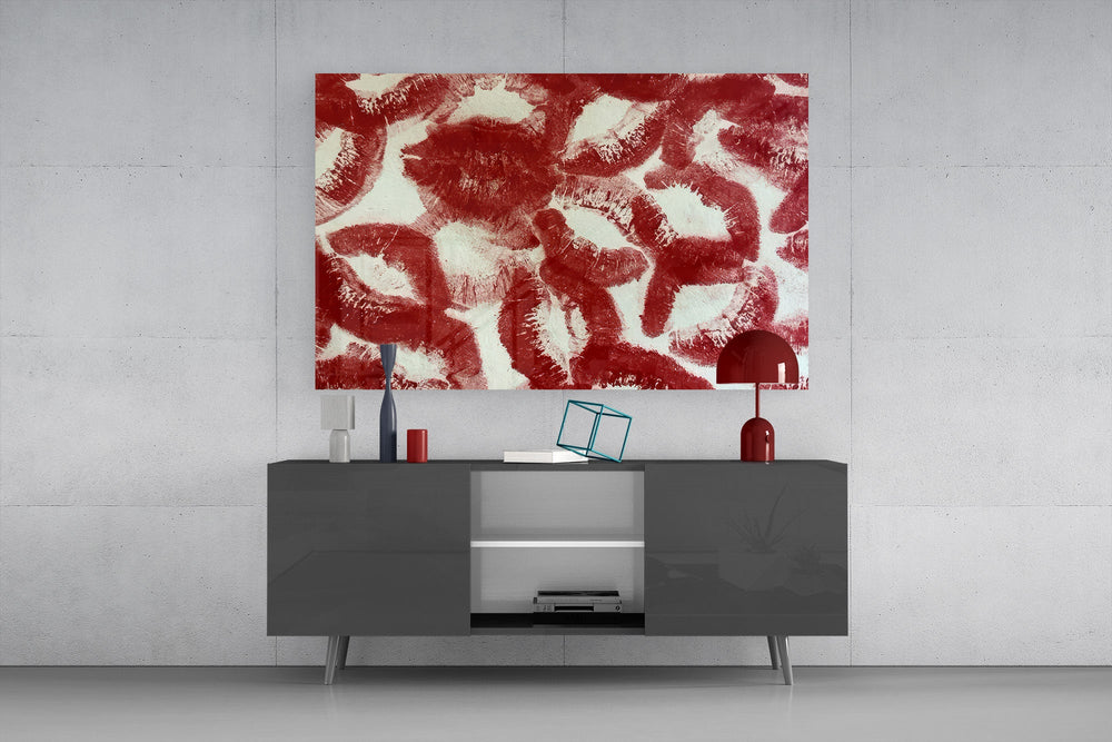 red lipstick kiss prints glass wall art styled in an atmospheric room setting