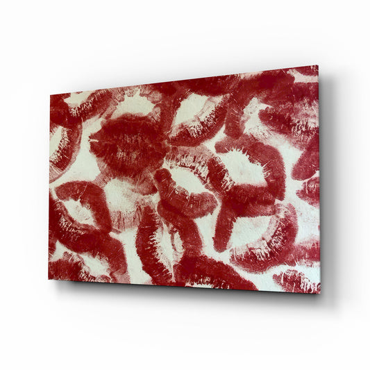 Red Lip Prints Kiss Marks Glass Wall Art - Lifestyle preview in a designer interior