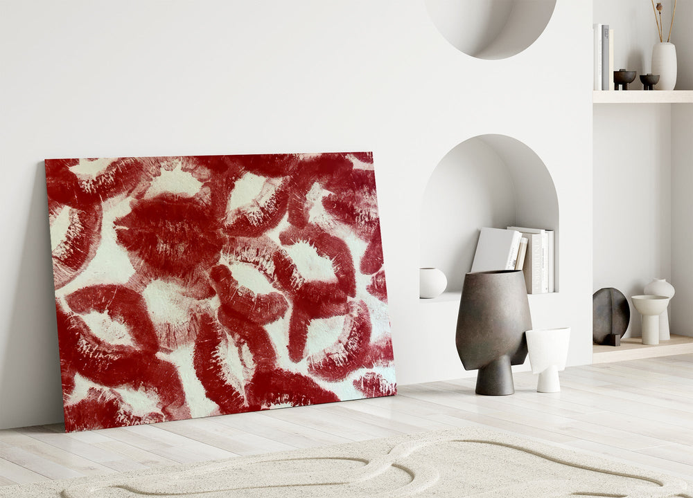 red lipstick kiss prints panel bringing character to a minimalist living room wall