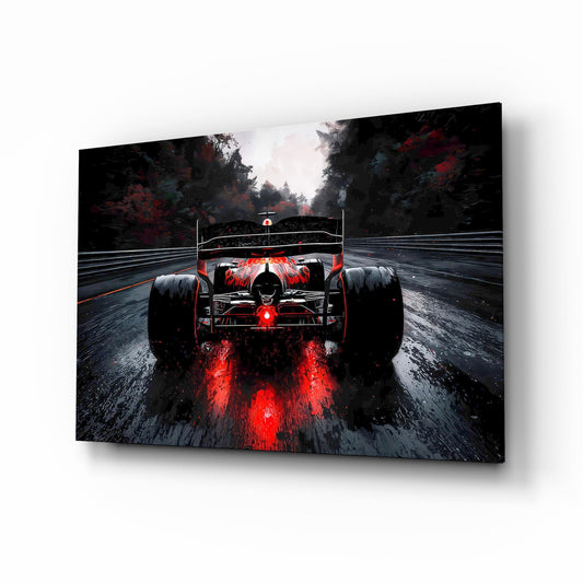 Rainy Track Red Glow Race Car Glass Wall Art - Lifestyle preview in a designer interior