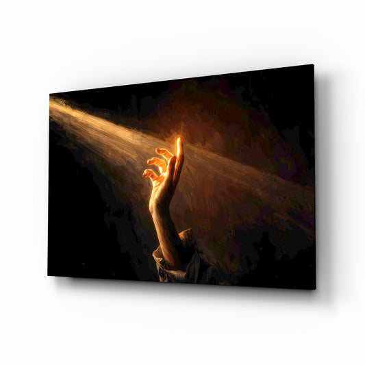 Golden Light Beam Reaching Hand Glass Wall Art - Lifestyle preview in a designer interior