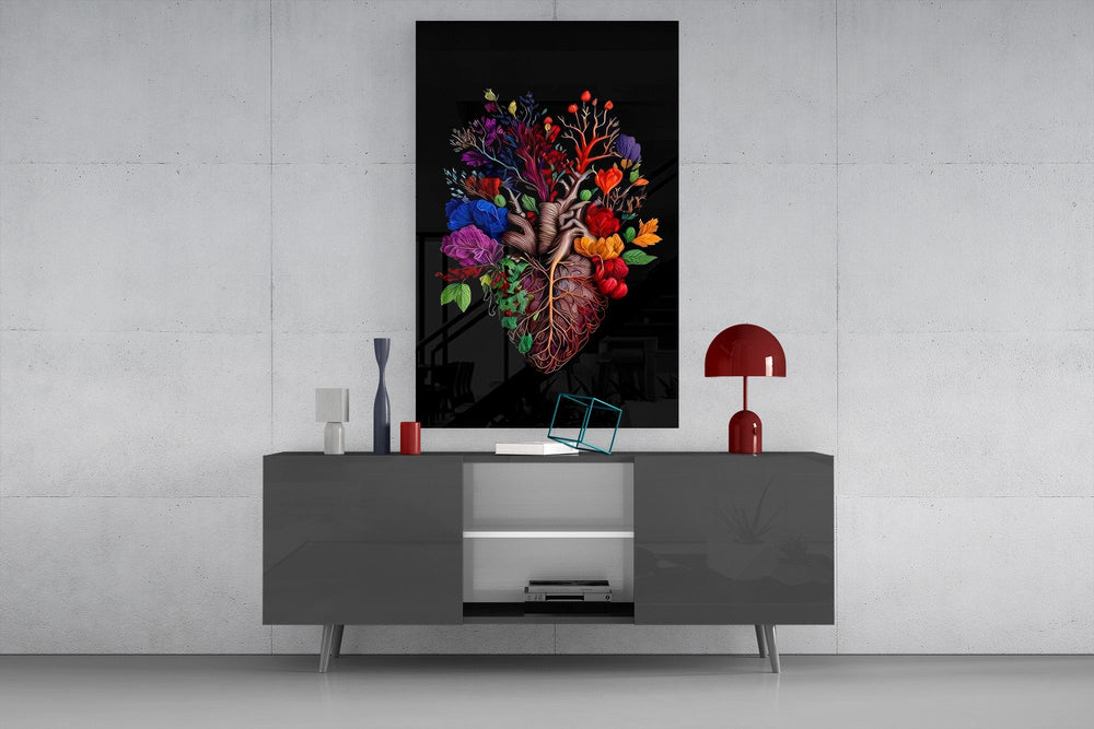 floral anatomical heart glass wall art styled in an atmospheric room setting