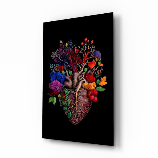 Floral Anatomical Heart Multicolor Glass Wall Art - Lifestyle preview in a designer interior