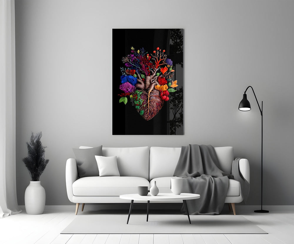 floral anatomical heart panel bringing character to a minimalist living room wall