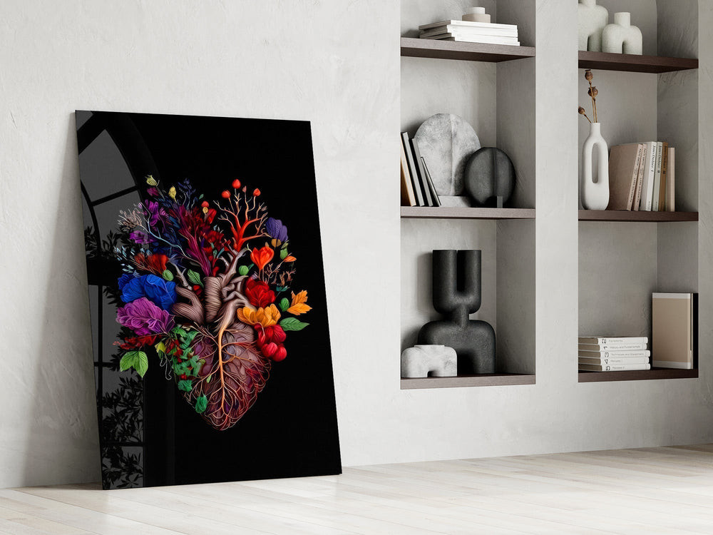 floral anatomical heart panel resting in a shelving niche in a modern interior