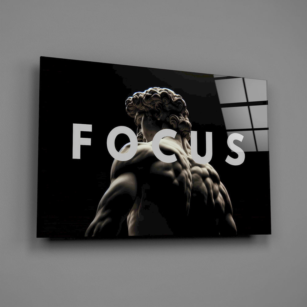 focus classical marble statue glass wall art angled to show the polished tempered glass panel