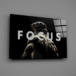 focus classical marble statue glass wall art angled to show the polished tempered glass panel