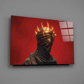 faceless figure with a glowing thorn crown glass wall art angled to show the polished tempered glass panel