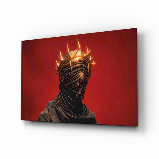 Golden Thorn Crown Crimson Figure Glass Wall Art - Lifestyle preview in a designer interior