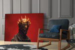 faceless figure with a glowing thorn crown panel resting in a shelving niche in a modern interior