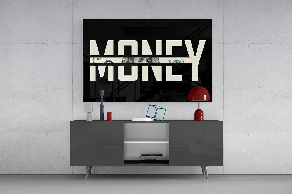 money typography with a hundred dollar bill glass wall art styled in an atmospheric room setting