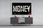 money typography with a hundred dollar bill glass wall art styled in an atmospheric room setting