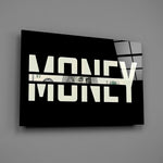 money typography with a hundred dollar bill glass wall art angled to show the polished tempered glass panel