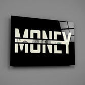 money typography with a hundred dollar bill glass wall art angled to show the polished tempered glass panel