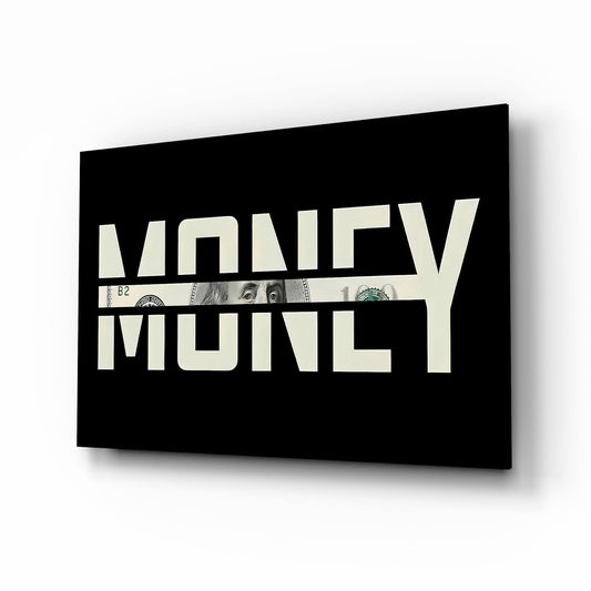 Money Typography Hundred Dollar Bill Glass Wall Art - Lifestyle preview in a designer interior