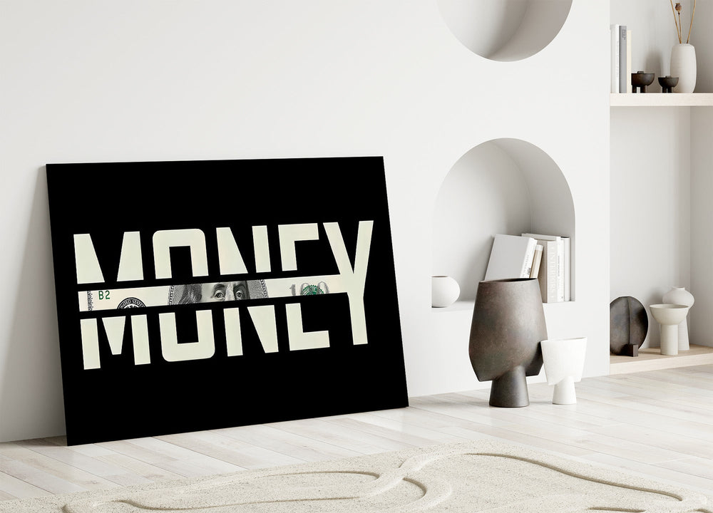 money typography with a hundred dollar bill panel bringing character to a minimalist living room wall