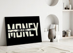 money typography with a hundred dollar bill panel bringing character to a minimalist living room wall