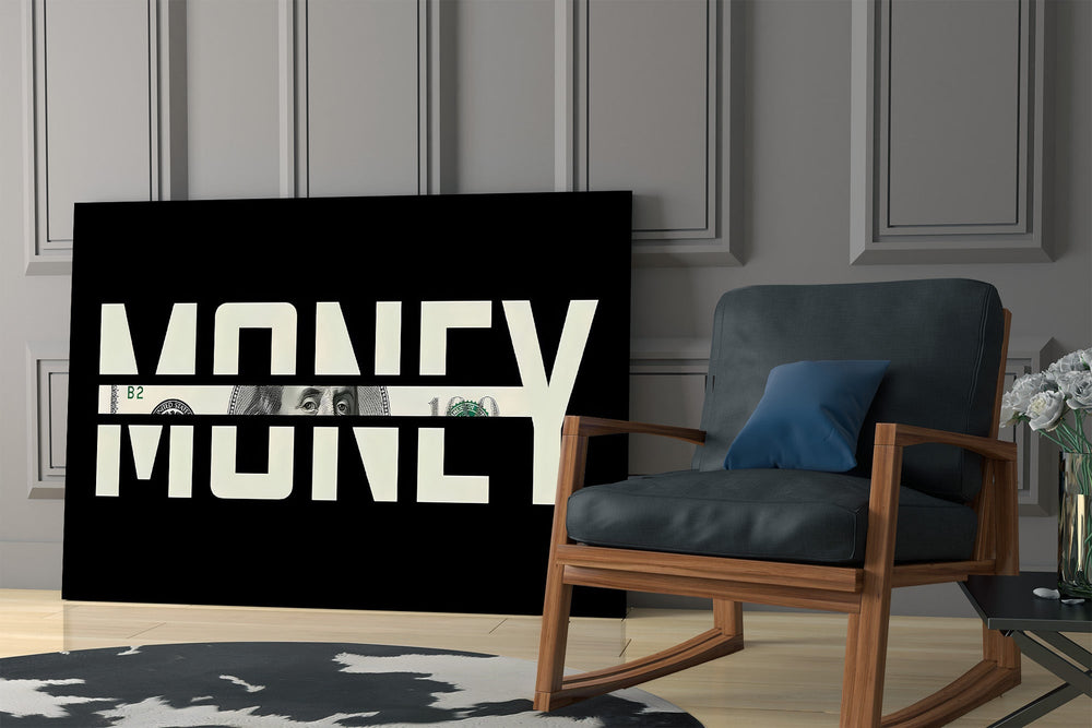 money typography with a hundred dollar bill panel resting in a shelving niche in a modern interior