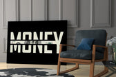 money typography with a hundred dollar bill panel resting in a shelving niche in a modern interior