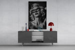 vintage blonde bombshell portrait glass wall art styled in an atmospheric room setting