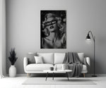 vintage blonde bombshell portrait panel bringing character to a minimalist living room wall