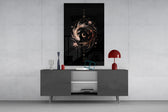 celestial koi yin yang with a crescent moon glass wall art styled in an atmospheric room setting