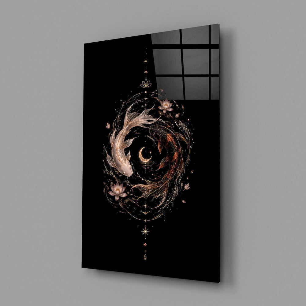 celestial koi yin yang with a crescent moon glass wall art angled to show the polished tempered glass panel