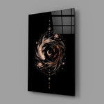 celestial koi yin yang with a crescent moon glass wall art angled to show the polished tempered glass panel
