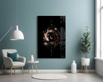 celestial koi yin yang with a crescent moon glass wall art styled above an armchair in a reading corner