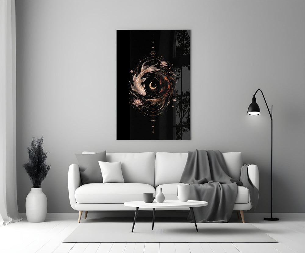 celestial koi yin yang with a crescent moon panel bringing character to a minimalist living room wall