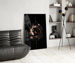 celestial koi yin yang with a crescent moon glass wall art leaning beside a dark leather sofa