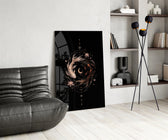 celestial koi yin yang with a crescent moon glass wall art leaning beside a dark leather sofa