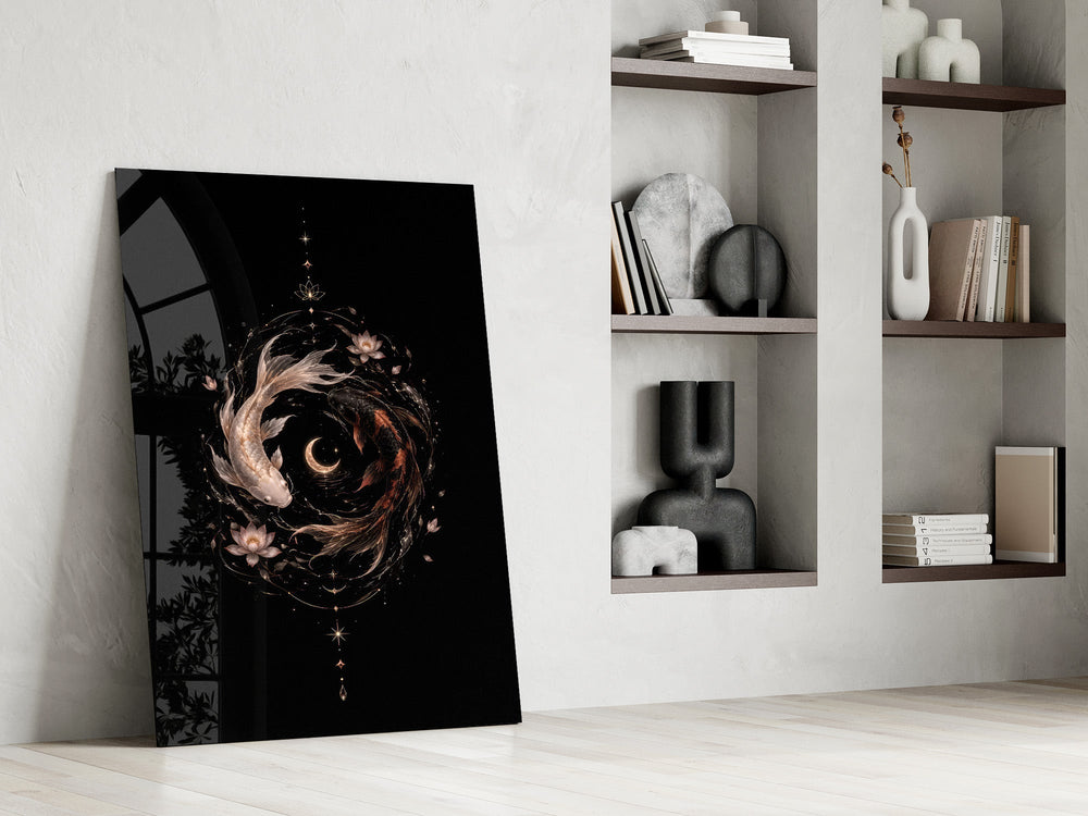 celestial koi yin yang with a crescent moon panel resting in a shelving niche in a modern interior