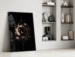 celestial koi yin yang with a crescent moon panel resting in a shelving niche in a modern interior