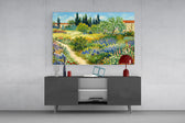 impressionist flower garden with a path glass wall art styled in an atmospheric room setting